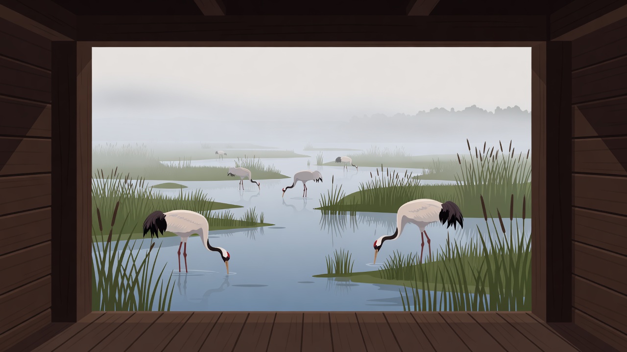Flat vector illustration of Eurasian cranes feeding in a misty wetland viewed from a recessed wooden hide.