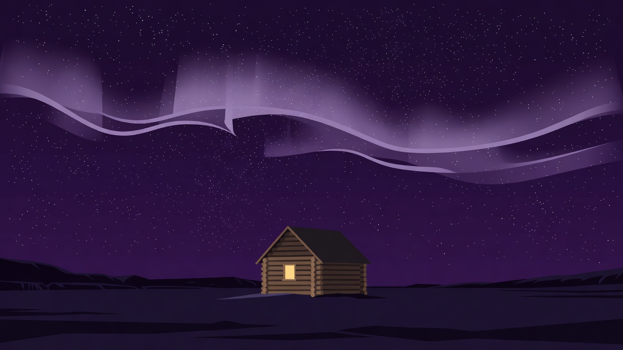 Flat vector illustration of a remote Nordic wilderness hut beneath a starry night sky and aurora band in deep plum tones.