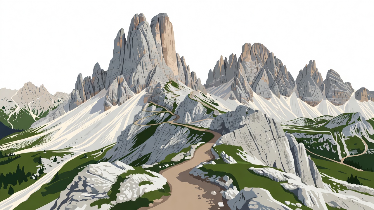 Flat vector illustration of limestone towers and a winding alpine footpath along Alta Via 1 in the Dolomites.