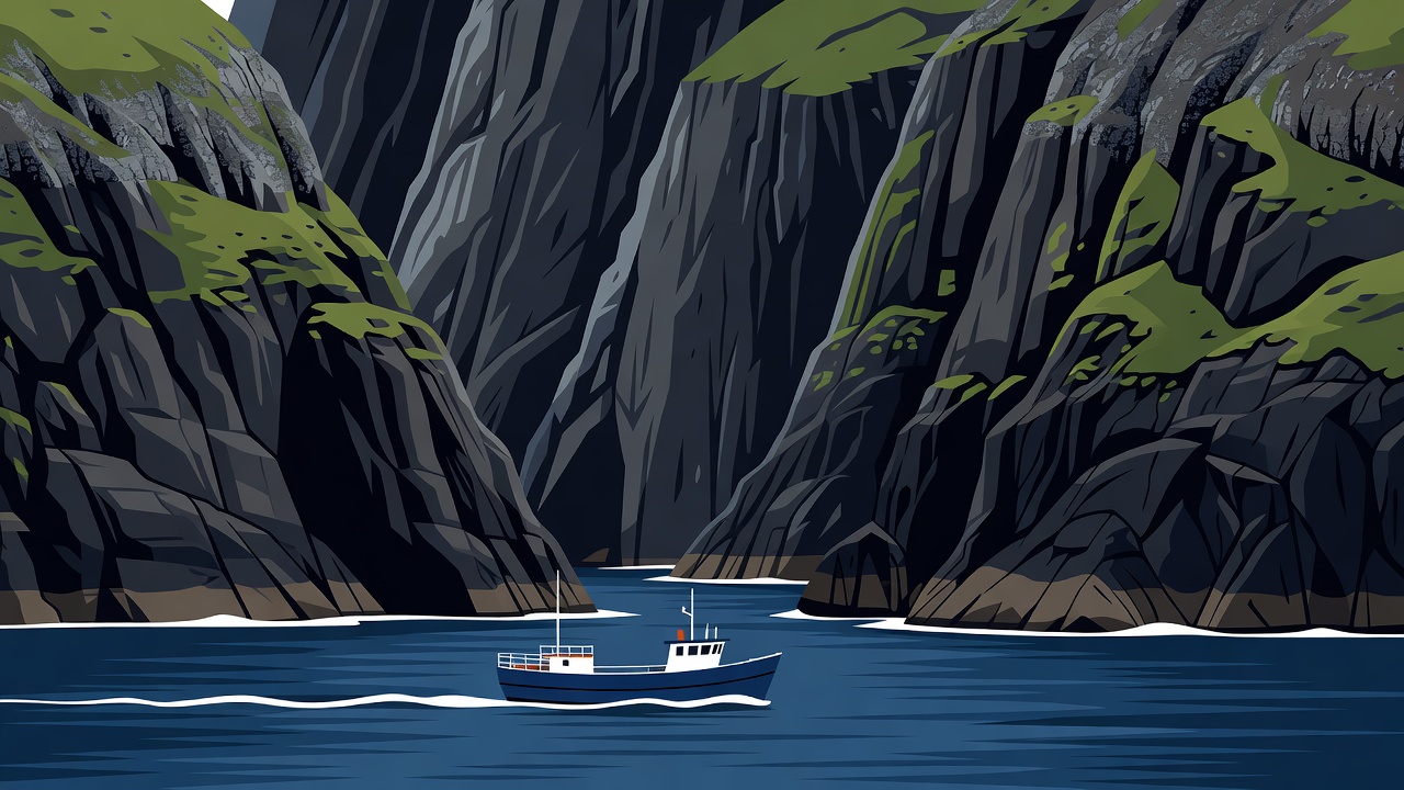 Flat vector illustration of steep basalt sea cliffs and a small passenger boat crossing a channel in the Faroe Islands.