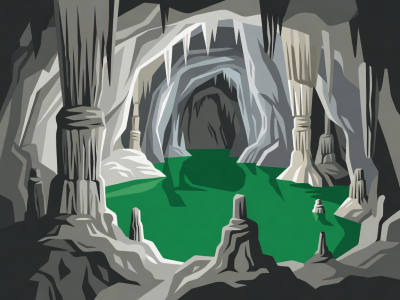 Flat vector illustration of a subterranean limestone cavern and emerald underground lake in Slovenia.
