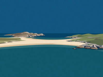 Flat vector scene of a tidal sand strand between Colonsay and Oronsay at low water.