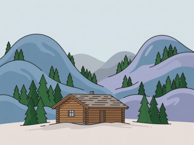 Flat vector illustration of a timber wilderness cabin surrounded by rounded fells in Finnish Lapland.