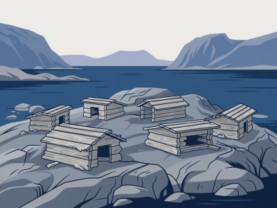 Flat vector scene of driftwood eider duck shelters on a low granite skerry in Norway.